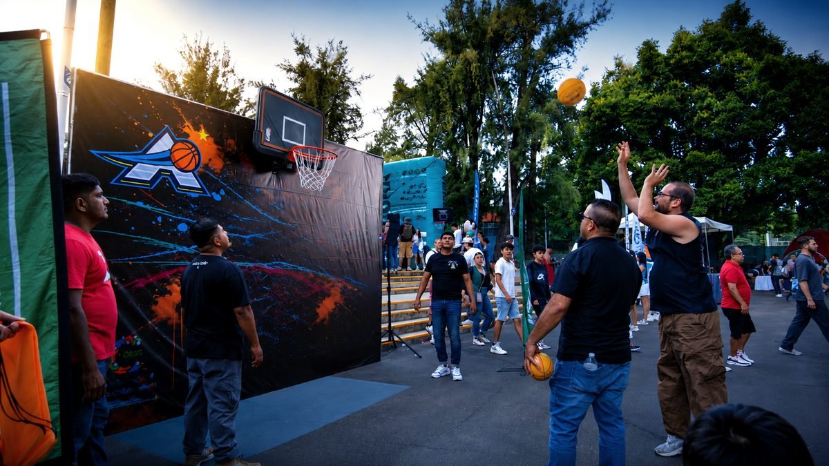Público participando en reto de básquetbol